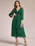 See-Through Long Sleeve Twist Knot A-Line Lotus Leaf Shimmering Evening Dress – Dark Green