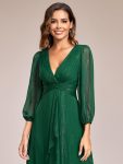 See-Through Long Sleeve Twist Knot A-Line Lotus Leaf Shimmering Evening Dress – Dark Green