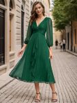 See-Through Long Sleeve Twist Knot A-Line Lotus Leaf Shimmering Evening Dress – Dark Green