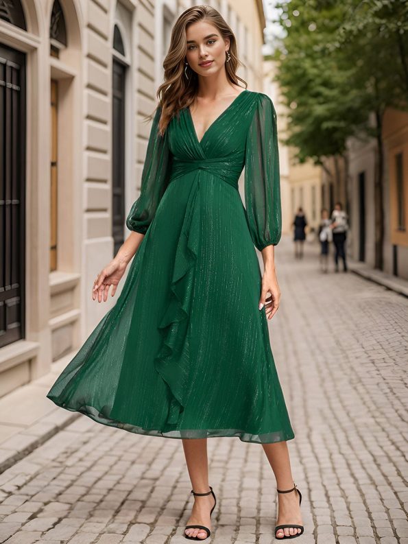 See-Through Long Sleeve Twist Knot A-Line Lotus Leaf Shimmering Evening Dress - Dark Green