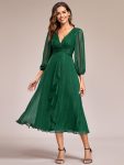 See-Through Long Sleeve Twist Knot A-Line Lotus Leaf Shimmering Evening Dress – Dark Green