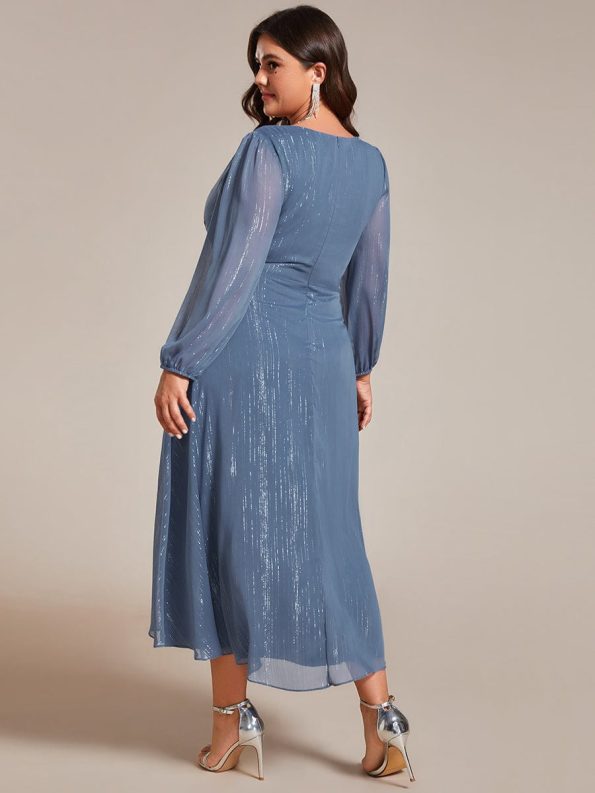 See-Through Long Sleeve Twist Knot A-Line Lotus Leaf Shimmering Evening Dress - Dusty Navy