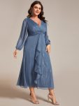 See-Through Long Sleeve Twist Knot A-Line Lotus Leaf Shimmering Evening Dress – Dusty Navy