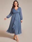 See-Through Long Sleeve Twist Knot A-Line Lotus Leaf Shimmering Evening Dress – Dusty Navy