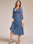 See-Through Long Sleeve Twist Knot A-Line Lotus Leaf Shimmering Evening Dress – Dusty Navy