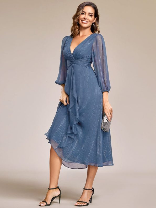 See-Through Long Sleeve Twist Knot A-Line Lotus Leaf Shimmering Evening Dress - Dusty Navy