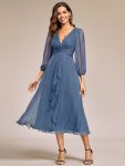 See-Through Long Sleeve Twist Knot A-Line Lotus Leaf Shimmering Evening Dress – Dusty Navy