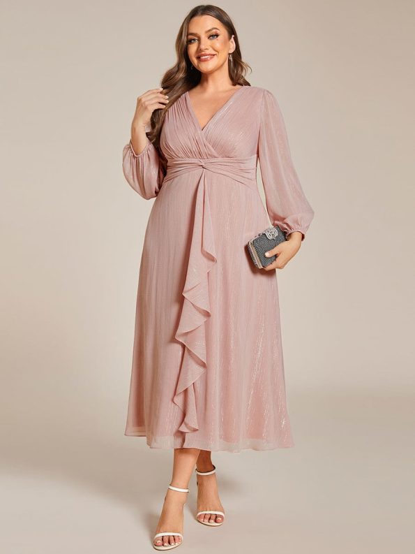 See-Through Long Sleeve Twist Knot A-Line Lotus Leaf Shimmering Evening Dress - Dusty Rose