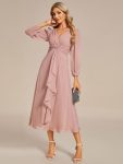 See-Through Long Sleeve Twist Knot A-Line Lotus Leaf Shimmering Evening Dress – Dusty Rose