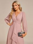 See-Through Long Sleeve Twist Knot A-Line Lotus Leaf Shimmering Evening Dress – Dusty Rose