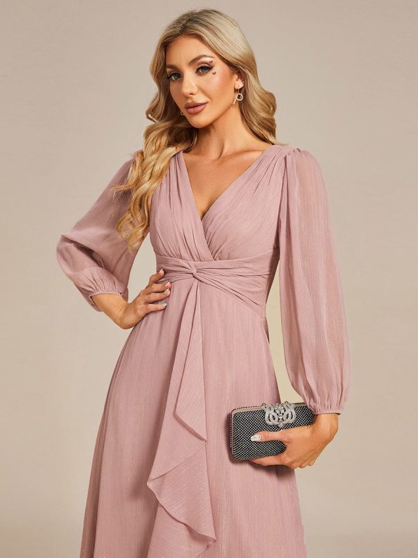 See-Through Long Sleeve Twist Knot A-Line Lotus Leaf Shimmering Evening Dress - Dusty Rose