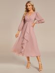 See-Through Long Sleeve Twist Knot A-Line Lotus Leaf Shimmering Evening Dress – Dusty Rose