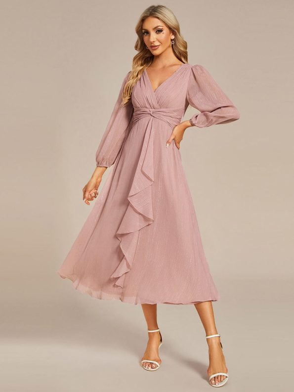 See-Through Long Sleeve Twist Knot A-Line Lotus Leaf Shimmering Evening Dress - Dusty Rose