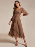 See-Through Long Sleeve Twist Knot A-Line Lotus Leaf Shimmering Evening Dress – Emperador