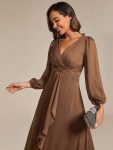 See-Through Long Sleeve Twist Knot A-Line Lotus Leaf Shimmering Evening Dress – Emperador