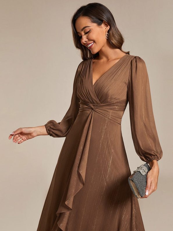 See-Through Long Sleeve Twist Knot A-Line Lotus Leaf Shimmering Evening Dress - Emperador