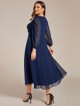 See-Through Long Sleeve Twist Knot A-Line Lotus Leaf Shimmering Evening Dress – Navy Blue