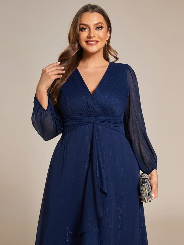 See-Through Long Sleeve Twist Knot A-Line Lotus Leaf Shimmering Evening Dress - Navy Blue