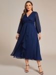 See-Through Long Sleeve Twist Knot A-Line Lotus Leaf Shimmering Evening Dress – Navy Blue