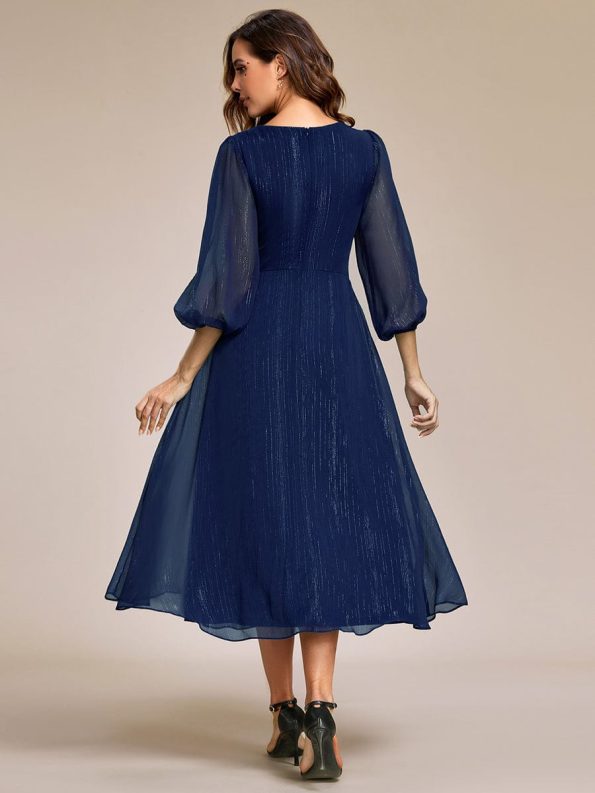 See-Through Long Sleeve Twist Knot A-Line Lotus Leaf Shimmering Evening Dress - Navy Blue