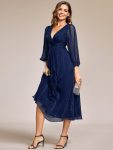 See-Through Long Sleeve Twist Knot A-Line Lotus Leaf Shimmering Evening Dress – Navy Blue