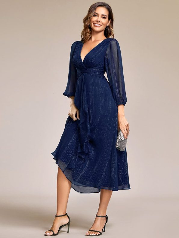 See-Through Long Sleeve Twist Knot A-Line Lotus Leaf Shimmering Evening Dress - Navy Blue