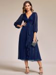 See-Through Long Sleeve Twist Knot A-Line Lotus Leaf Shimmering Evening Dress - Navy Blue