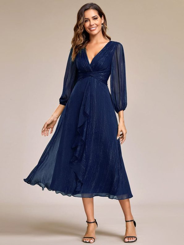 See-Through Long Sleeve Twist Knot A-Line Lotus Leaf Shimmering Evening Dress - Navy Blue