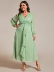 See-Through Long Sleeve Twist Knot A-Line Lotus Leaf Shimmering Evening Dress – Summer Green