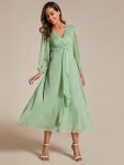 See-Through Long Sleeve Twist Knot A-Line Lotus Leaf Shimmering Evening Dress – Summer Green