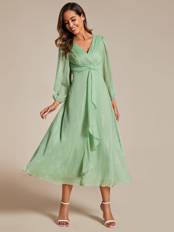 See-Through Long Sleeve Twist Knot A-Line Lotus Leaf Shimmering Evening Dress - Summer Green