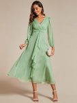 See-Through Long Sleeve Twist Knot A-Line Lotus Leaf Shimmering Evening Dress – Summer Green