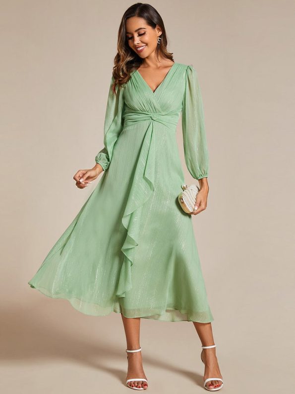 See-Through Long Sleeve Twist Knot A-Line Lotus Leaf Shimmering Evening Dress - Summer Green