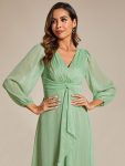 See-Through Long Sleeve Twist Knot A-Line Lotus Leaf Shimmering Evening Dress – Summer Green