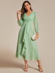 See-Through Long Sleeve Twist Knot A-Line Lotus Leaf Shimmering Evening Dress – Summer Green