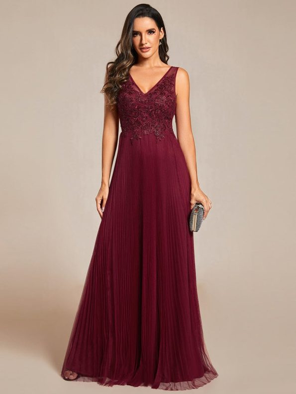 Exquisite Applique Embroidery Bodice Sleeveless A-Line Tulle Evening Dress - Burgundy