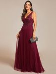 Exquisite Applique Embroidery Bodice Sleeveless A-Line Tulle Evening Dress – Burgundy