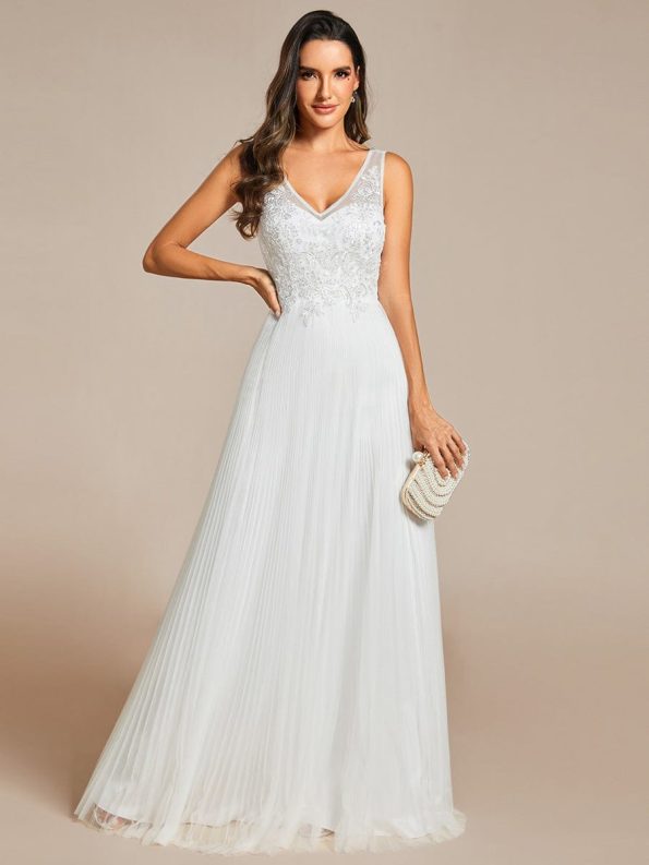 Exquisite Applique Embroidery Bodice Sleeveless A-Line Tulle Evening Dress - Cream