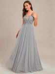 Exquisite Applique Embroidery Bodice Sleeveless A-Line Tulle Evening Dress – Grey