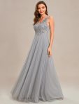 Exquisite Applique Embroidery Bodice Sleeveless A-Line Tulle Evening Dress – Grey