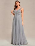 Exquisite Applique Embroidery Bodice Sleeveless A-Line Tulle Evening Dress – Grey