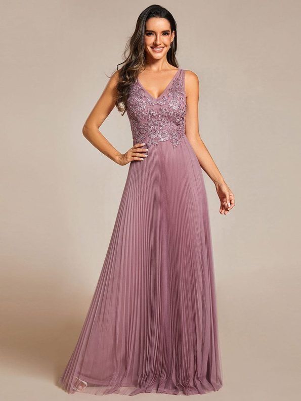 Exquisite Applique Embroidery Bodice Sleeveless A-Line Tulle Evening Dress - Purple Orchid