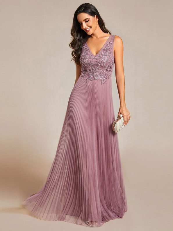 Exquisite Applique Embroidery Bodice Sleeveless A-Line Tulle Evening Dress - Purple Orchid