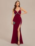 Simple Spaghetti Straps High Slit Bodycon Evening Dress with Rhinestone – Burgundy