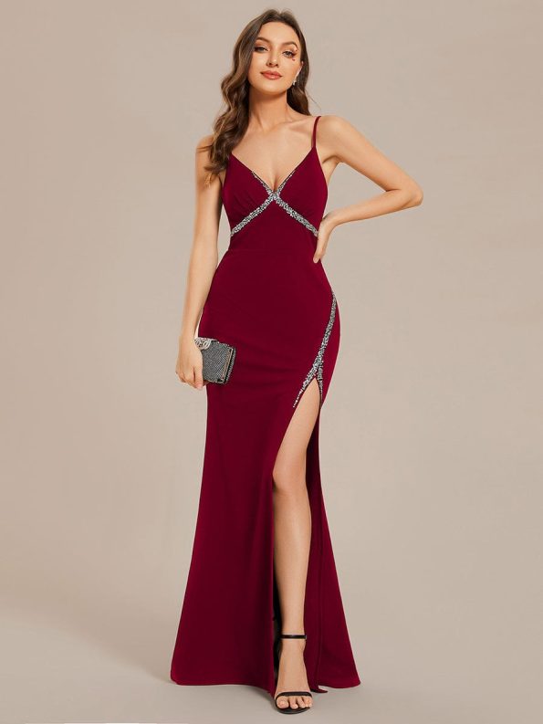 Simple Spaghetti Straps High Slit Bodycon Evening Dress with Rhinestone - Burgundy