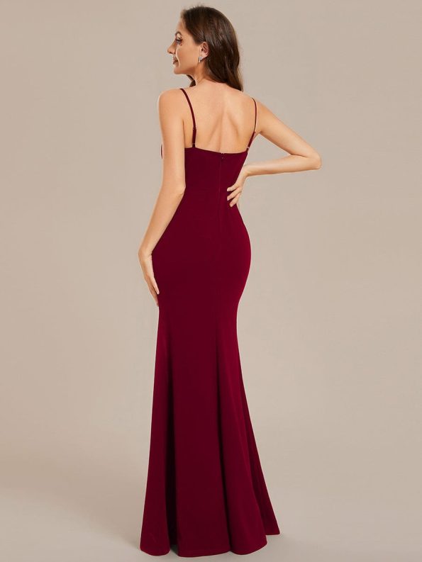 Simple Spaghetti Straps High Slit Bodycon Evening Dress with Rhinestone - Burgundy