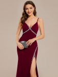 Simple Spaghetti Straps High Slit Bodycon Evening Dress with Rhinestone – Burgundy