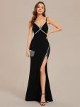 Simple Spaghetti Straps High Slit Bodycon Evening Dress with Rhinestone – Black