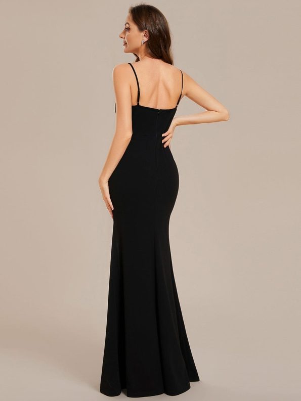 Simple Spaghetti Straps High Slit Bodycon Evening Dress with Rhinestone - Black