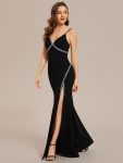 Simple Spaghetti Straps High Slit Bodycon Evening Dress with Rhinestone – Black